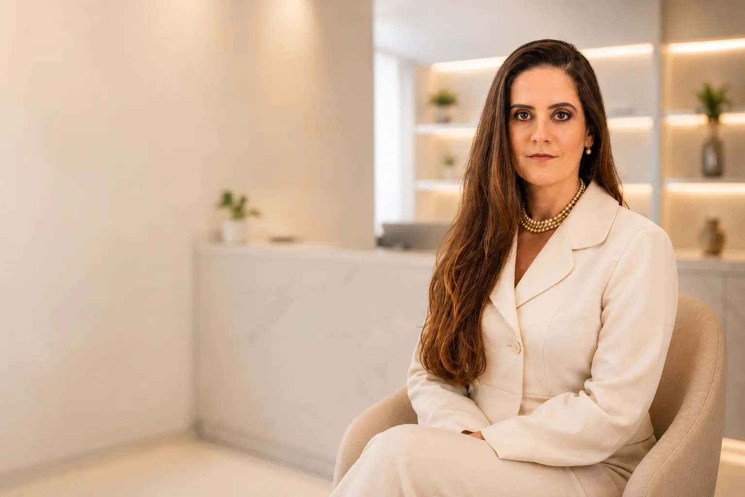 Retrato editorial de Joanna Costa em ambiente sofisticado